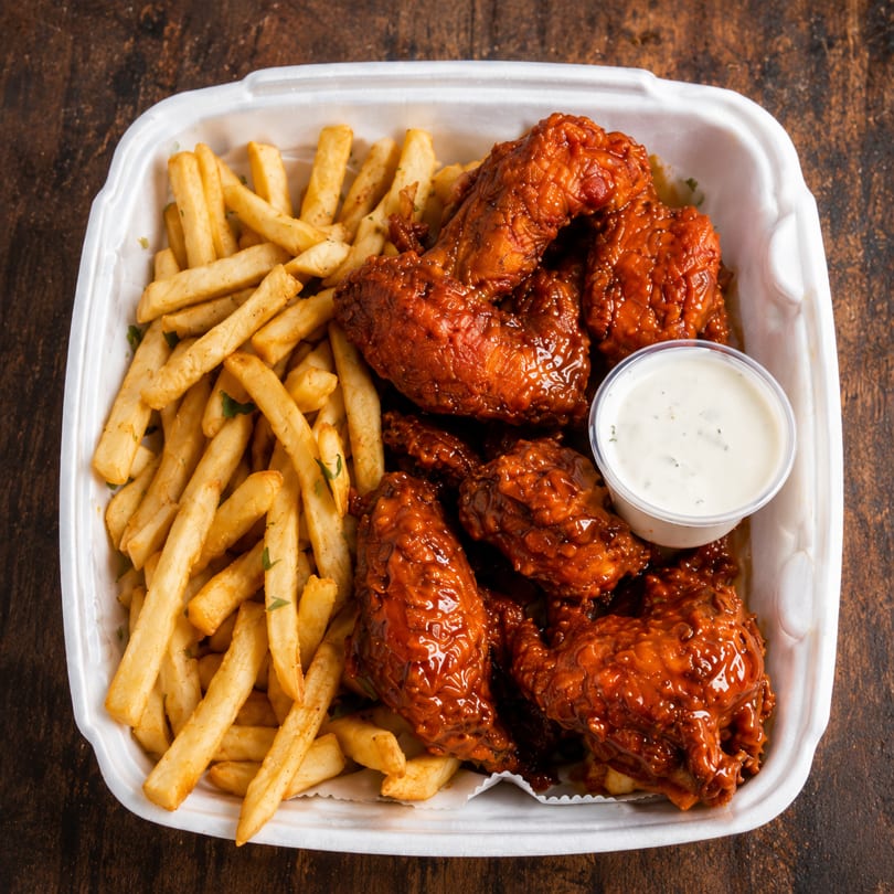 Takeout container filled with crispy french fries, saucy chicken wings, and a side of ranch.