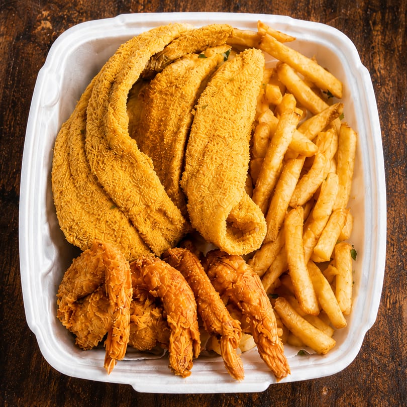 Fried fish fillets, crispy shrimp, and golden french fries in a white takeout container.